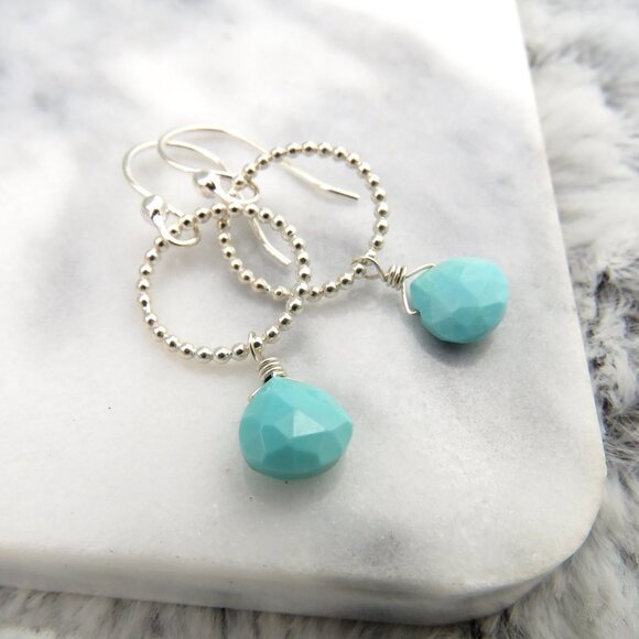 Sleeping Beauty Turquoise Earrings with Beaded Hoops in 925 Sterling Silver - Picture 3 of 4
